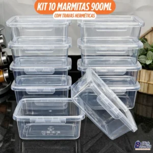 Kit 10 Marmitas Potes 900ml Travas Laterais hermeticas - Livres de BPA Alimentos organiza congelador