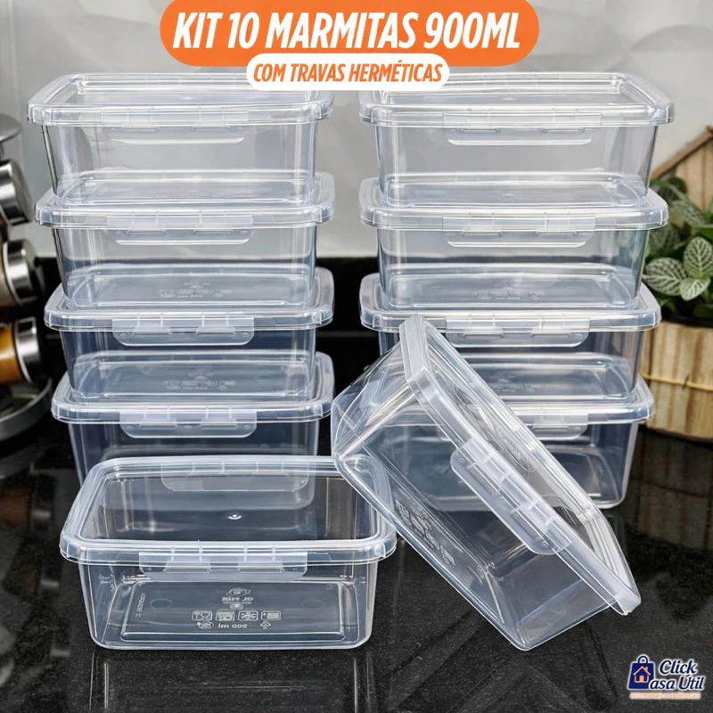 Kit 10 Marmitas Potes 900ml Travas Laterais hermeticas - Livres de BPA Alimentos organiza congelador