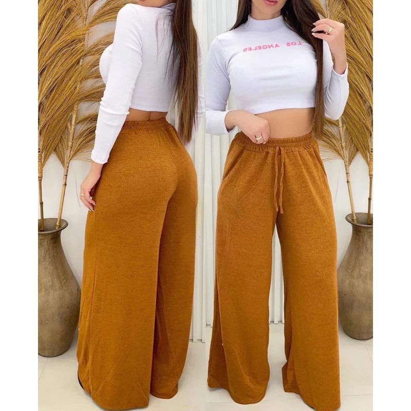 Calça Pantalona Lanzinha Feminina Cintura Alta Com Elastico De e Bolso Outono / Inverno Promoção - Imagem 2