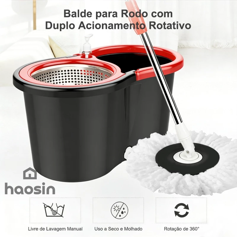 haosin Aço inoxidável Mop Giratório Esfregão Profissional 2 Refis Cesto Giratório cabo de 140cm