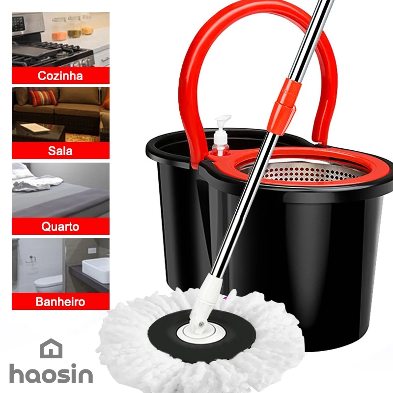 haosin Aço inoxidável Mop Giratório Esfregão Profissional 2 Refis Cesto Giratório cabo de 140cm - Imagem 5