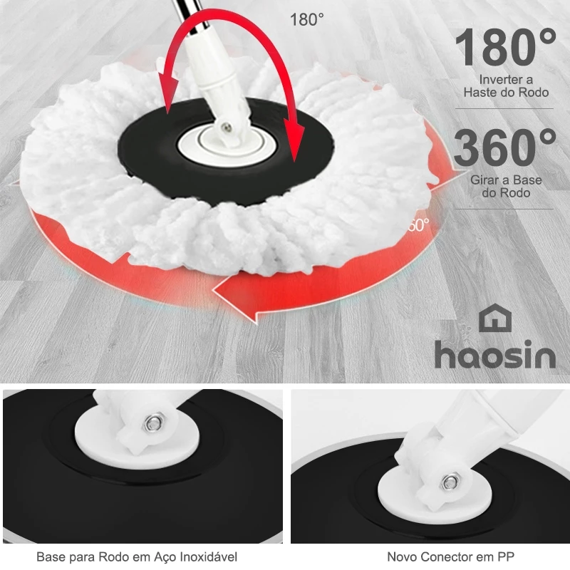 haosin Aço inoxidável Mop Giratório Esfregão Profissional 2 Refis Cesto Giratório cabo de 140cm - Imagem 3