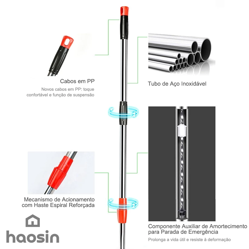 haosin Aço inoxidável Mop Giratório Esfregão Profissional 2 Refis Cesto Giratório cabo de 140cm - Imagem 4