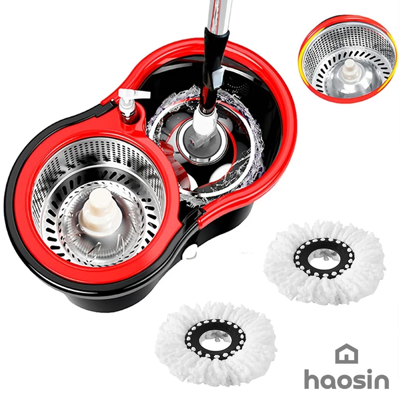 haosin Aço inoxidável Mop Giratório Esfregão Profissional 2 Refis Cesto Giratório cabo de 140cm - Imagem 2