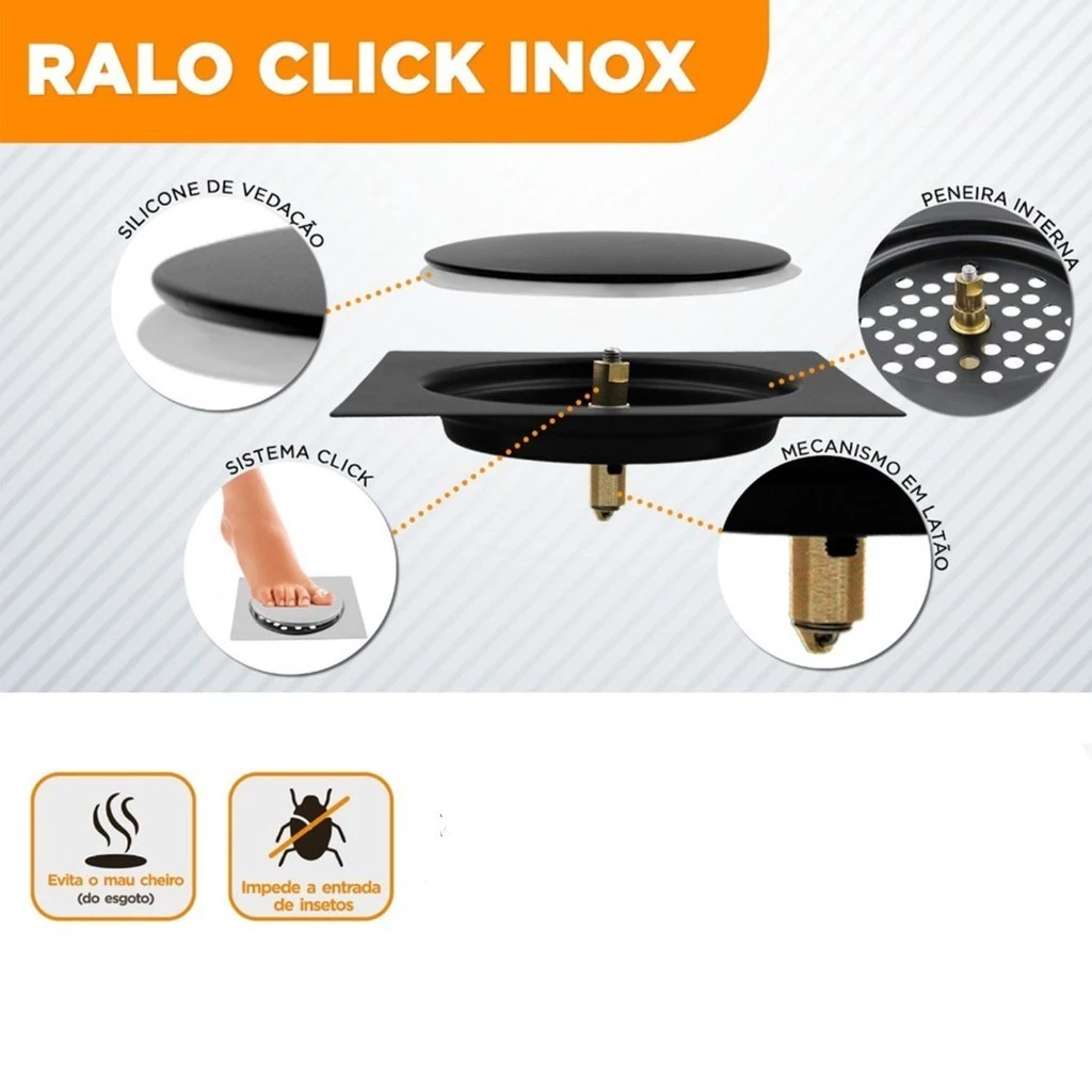 1/2 Ralo Inteligente 10x10/15x15Cm Click Inox Banheiro Lavabo Veda Cheiro - Imagem 3