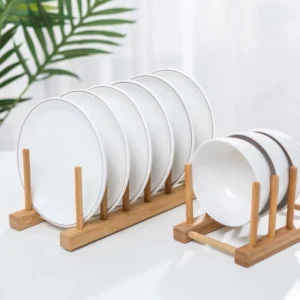 Promoção: Suporte Escorredor Porta Pratos De Bancada De Bambu 4 Divisorias 21cm x 13cm
